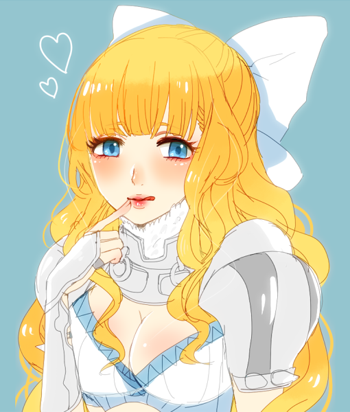1girl armor ayaca bikini_armor blonde_hair blue_background blue_eyes bow breasts charlotte_(fire_emblem) cleavage fire_emblem fire_emblem_fates hair_bow large_breasts long_hair looking_at_viewer nintendo pauldrons shoulder_armor simple_background solo wavy_hair white_bow