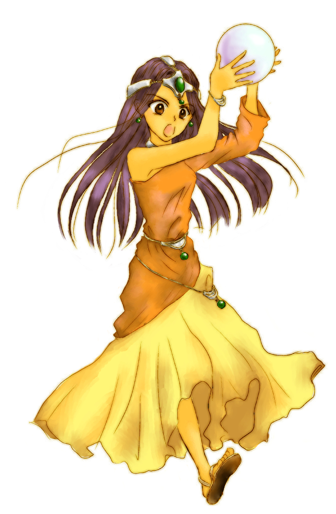 1girl arms_up asymmetrical_dress brown_eyes circlet crystal_ball dark-skinned_female dark_skin dragon_quest dragon_quest_iv dress earrings flip-flops forehead_jewel full_body gem green_gemstone holding_orb jewelry long_dress long_hair long_sleeves metal_belt midzuki minea_(dq4) neck_ring open_mouth orange_dress orb purple_hair sandals silver_circlet single_bare_shoulder single_sleeve solo sphere_earrings standing walking