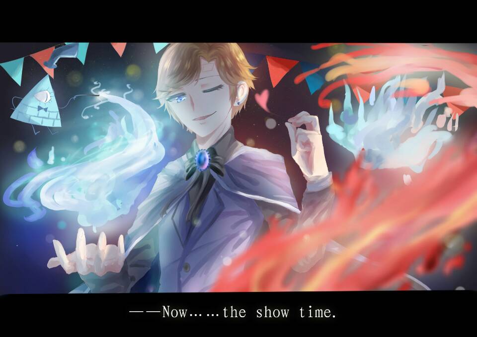 1boy aqua_eyes aqua_vest ascot bill_cipher blue_fire brooch brown_hair cape collared_shirt dark_persona dipper_gleeful dipper_pines earrings facial_mark fire forehead_mark formal_clothes gem glowing_jewelry gravity_falls jewelry magic shirt short_hair string_of_flags swept_bangs vest will_cipher