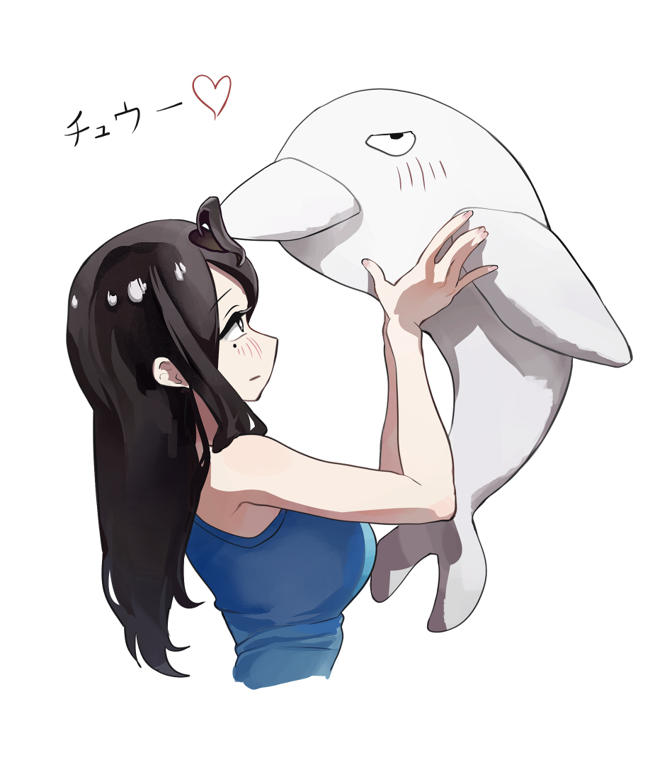 1girl bare_arms bare_shoulders black_hair blue_tank_top breasts cropped_torso dolphin from_side holding holding_stuffed_toy large_breasts light_blush long_hair mo0o0rae mole mole_under_eye sakurai_touko senpai_ga_uzai_kouhai_no_hanashi simple_background solo stuffed_animal stuffed_dolphin stuffed_toy tank_top translation_request white_background