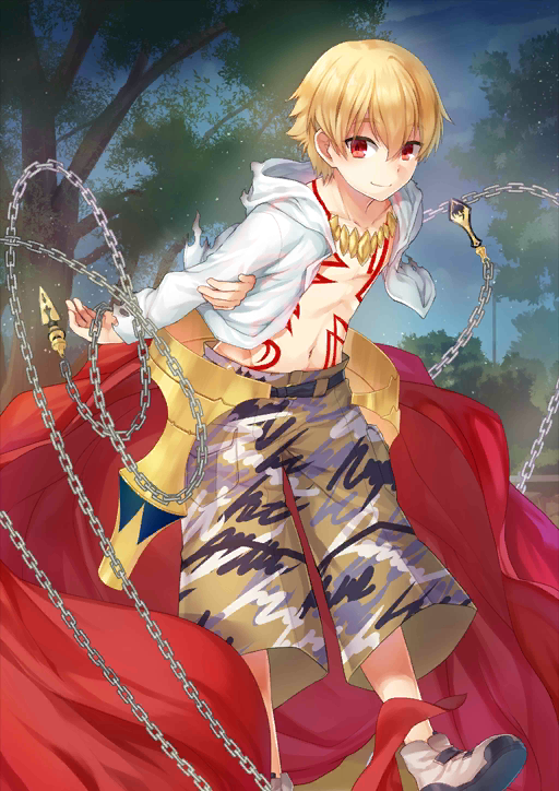 1boy blonde_hair chain child child_gilgamesh_(fate) collarbone enkidu_(weapon)_(fate) fate/grand_order fate/hollow_ataraxia fate_(series) gilgamesh_(fate) jacket looking_at_viewer male_focus navel official_art open_clothes open_jacket outdoors red_eyes short_hair solo tattoo tenkuu_sphere tree white_jacket