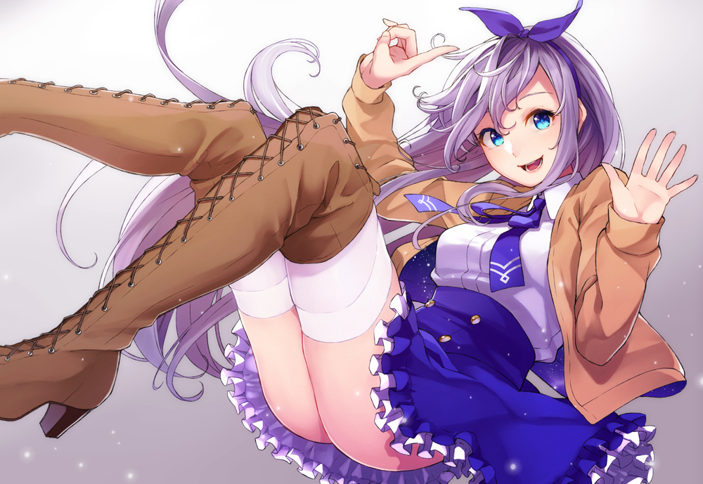 1girl blue_eyes boots bow commentary_request female_focus floating hair_bow high-waist_skirt high_heel_boots high_heels jacket long_hair looking_at_viewer original purple_hair retsuna simple_background skirt solo thigh_boots thighhighs thighhighs_under_boots thighs waving white_thighhighs