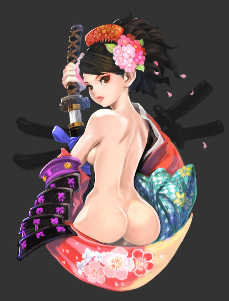 1girl armor ass ass_support breasts brown_eyes brown_hair comb female_focus flower hair_flower hair_ornament hip_focus japanese_armor japanese_clothes katana lips looking_back medium_breasts momohime muuten nude oboro_muramasa petals ponytail red_eyes sheath short_hair shoulder_armor sode solo sword unsheathing vanillaware weapon wide_hips