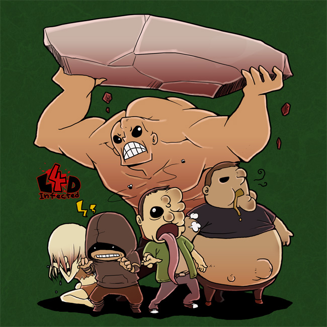 1girl 4boys belt black_eyes boomer_(left4dead) bug clenched_teeth crying fly hood hunter_(left4dead) insect keisuke_(pixiv42454) left_4_dead left_4_dead_1 long_sleeves multiple_boys muscular navel open_mouth rock short_hair short_sleeves smoker_(left4dead) tank_(left4dead) tears teeth tongue topless_female topless_male underwear vomit witch_(left4dead)