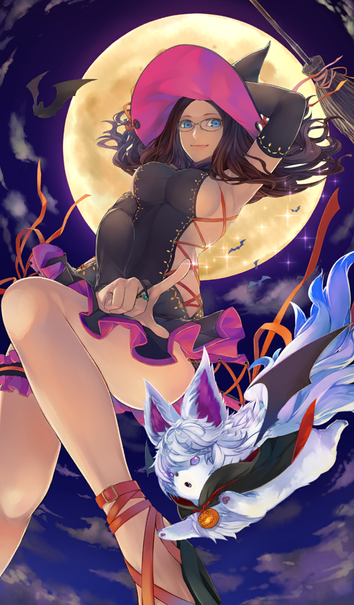 1girl armpits bat_(animal) black_dress black_hat black_sleeves blue_eyes breasts broom brown_hair cleavage cloud cloudy_sky commentary creature cross-laced_clothes cross-laced_dress detached_sleeves dress fate/grand_order fate_(series) feet_out_of_frame floating flying fou_(fate) frilled_thigh_strap full_moon glasses halloween halloween_comeback! hand_on_headwear hat high_heels jewelry jikeshi leonardo_da_vinci_(fate) leonardo_da_vinci_(witch_of_moonlit_night)_(fate) long_hair looking_at_viewer medium_breasts moon night night_sky official_art pointing ring sandals short_dress sideboob sideless_outfit sky smile solo sparkle thigh_strap third-party_source