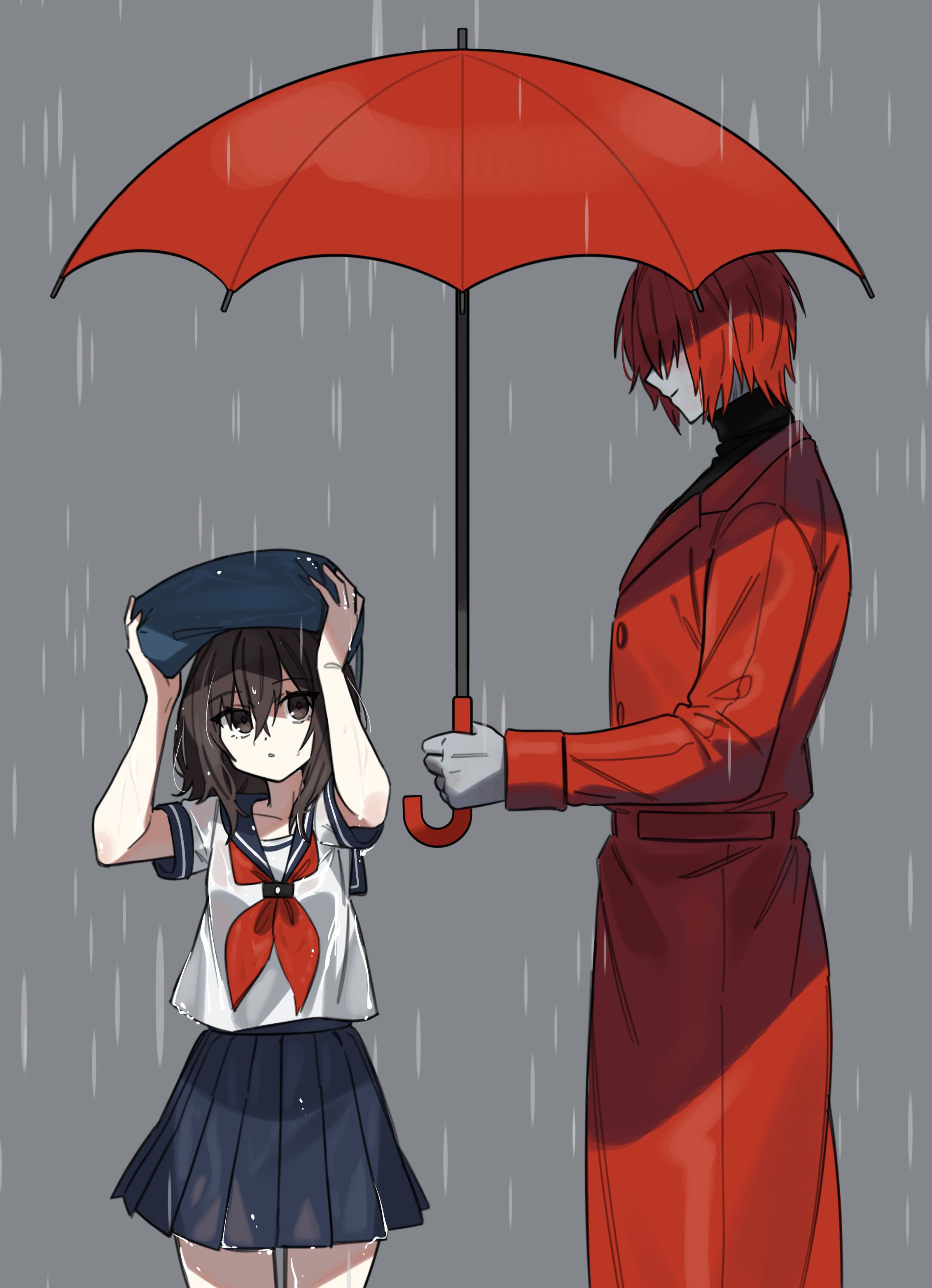 1boy 1girl absurdres blue_serafuku brown_hair coat commentary_request cowboy_shot grey_background heroine_(homicipher) highres holding holding_umbrella homicipher improvised_umbrella korean_commentary looking_at_another mr._scarletella myam_(123ab456c) rain red_coat red_hair red_umbrella school_uniform serafuku shared_umbrella short_hair simple_background skirt umbrella wet