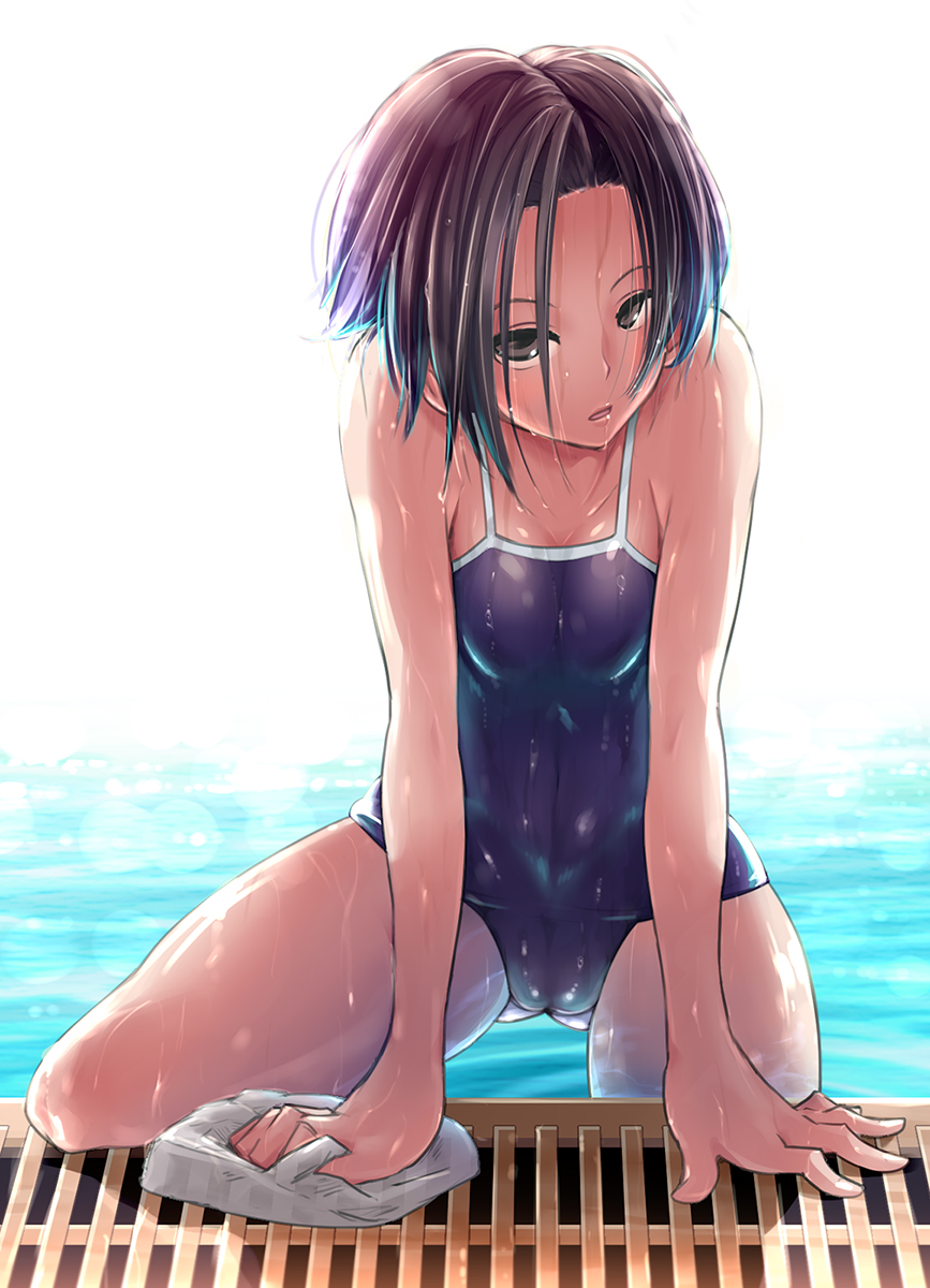 1girl arm_support barefoot black_hair breasts competition_school_swimsuit female_focus highres kobayakawa_rinko love_plus makokujira one-piece_swimsuit open_mouth partially_submerged pool poolside school_swimsuit short_hair small_breasts solo swim_cap swimsuit unworn_swim_cap wading water wet