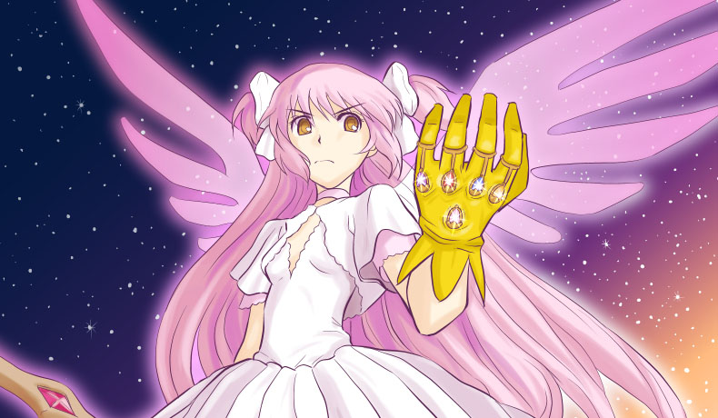 10s 1girl female_focus infinity_gauntlet kaname_madoka long_hair mahou_shoujo_madoka_magica mahou_shoujo_madoka_magica_(anime) marvel pink_hair solo soul_gem stmk64 two_side_up ultimate_madoka v-shaped_eyebrows very_long_hair wings yellow_eyes
