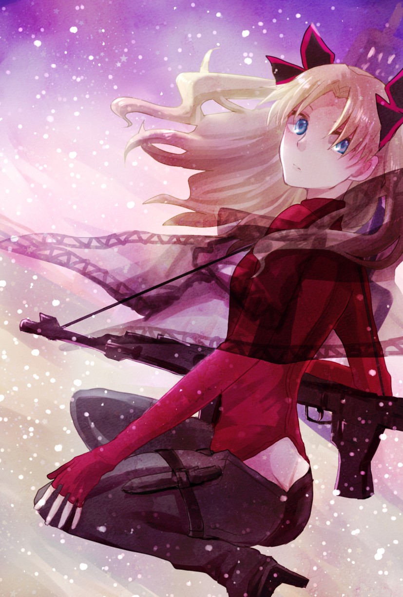 10s 1girl ass ass_cutout blonde_hair blue_eyes clothing_cutout fate/extra fate_(series) female_focus highres long_hair pomero solo thighhighs tohsaka_rin tohsaka_rin_(fate/extra) tohsaka_rin_(true_appearance)_(fate/extra) two_side_up