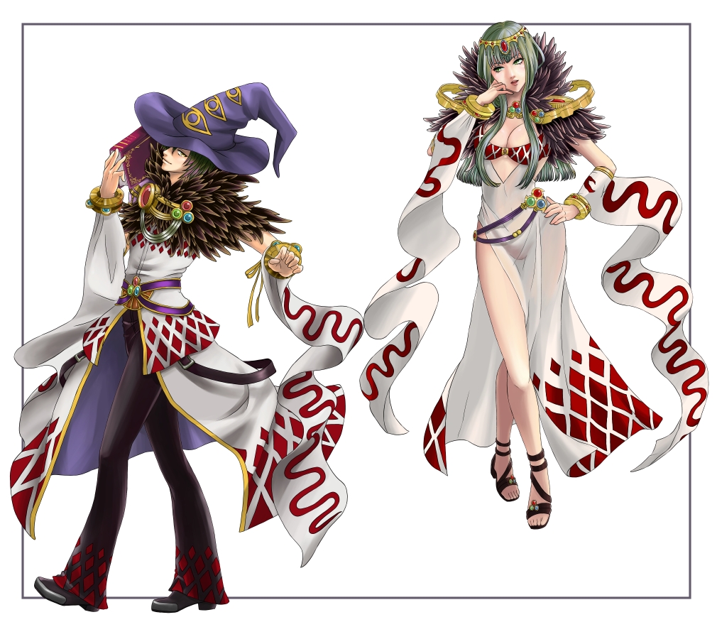 1boy 1girl argyle_cape argyle_clothes argyle_dress argyle_pants argyle_shirt bangle belt black_pants black_sandals black_shoes book bracelet breasts cape circlet cleavage closed_mouth commentary_request crossed_legs detached_sleeves dress eye_print full_body fur_collar gem green_eyes green_hair hat hi_(ibisf5umauma) holding holding_book jewelry large_breasts long_hair looking_at_viewer pants purple_belt purple_hat ragnarok_online red_gemstone sandals see-through_clothes see-through_dress shirt shoes short_hair side_slit simple_background sleeveless sleeveless_dress smile sorcerer_(ragnarok_online) standing waist_cape watson_cross white_background white_cape white_dress white_shirt white_sleeves witch_hat