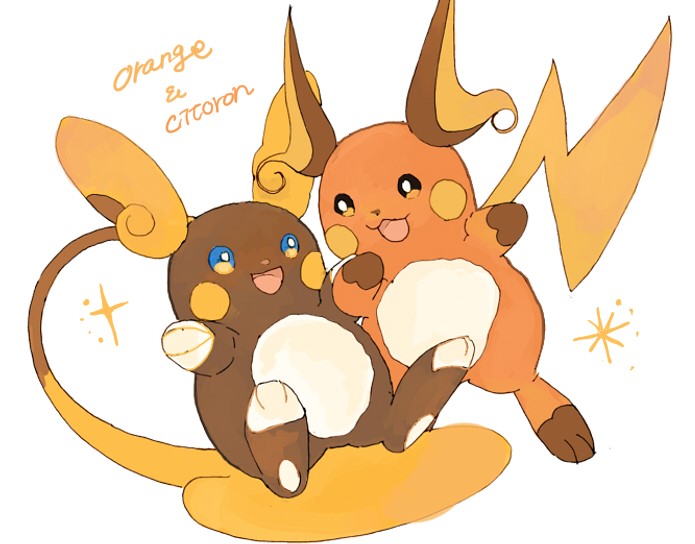 :d alolan_form alolan_raichu alternate_color animal_focus animal_hands black_eyes blue_eyes brown_fur cc8nw42u15apug0 full_body gen_1_pokemon gen_7_pokemon looking_at_another nintendo no_humans open_mouth orange_fur pokemon pokemon_(creature) raichu regional_and_normal shiny_pokemon simple_background smile white_background white_fur