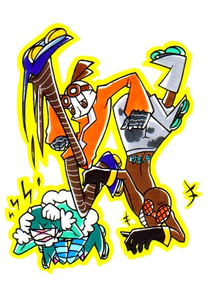 &gt;_&lt; 1girl 2boys :d bis_(jsr) blue_hair closed_eyes donsoku_komagome_pipette garam_(jsr) gloves goggles inline_skates jet_set_radio mew_(jsr) multiple_boys open_mouth pantyhose roller_skates skates slate_(jsr) smile striped_clothes striped_pantyhose xd
