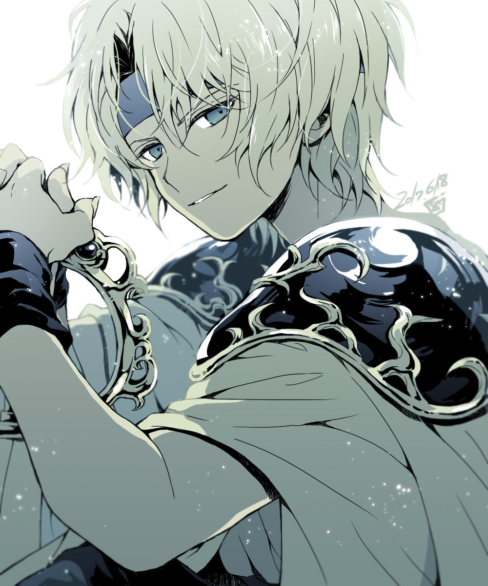 1boy armor dated fingernails from_side hana_(mew) headband highres looking_at_viewer madou_monogatari male_focus monochrome parted_lips puyopuyo robe schezo_wegey short_hair shoulder_armor signature solo upper_body wristband
