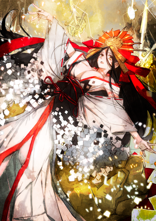 1girl arm_tattoo bead_necklace beads breasts brown_eyes brown_hair cleavage detached_sleeves dress facial_tattoo fate/grand_order fate_(series) floating_hair game_cg hair_between_eyes hands_up headdress himiko_(fate) himiko_(third_ascension)_(fate) japanese_clothes jewelry large_breasts long_dress long_sleeves looking_to_the_side neck_tattoo necklace off_shoulder official_art open_mouth outstretched_arms overskirt plunging_neckline sideless_dress solo tattoo third-party_source toi8 underboob white_dress wide_sleeves