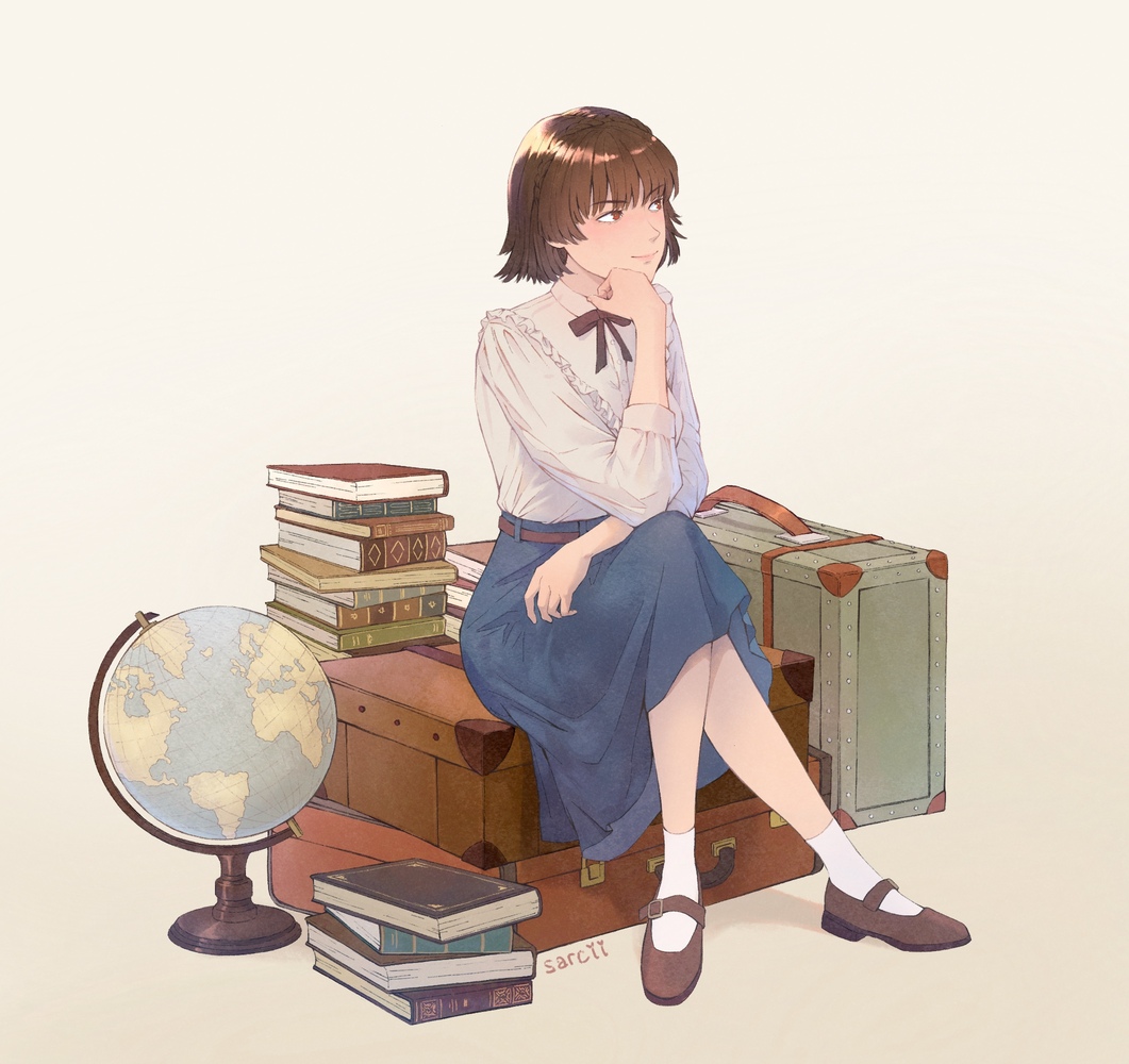 1girl blue_skirt blunt_bangs book braid brown_hair crossed_legs crown_braid globe long_skirt mary_janes niijima_makoto persona persona_5 red_eyes sarcii shirt shoes short_hair sitting skirt socks solo white_shirt
