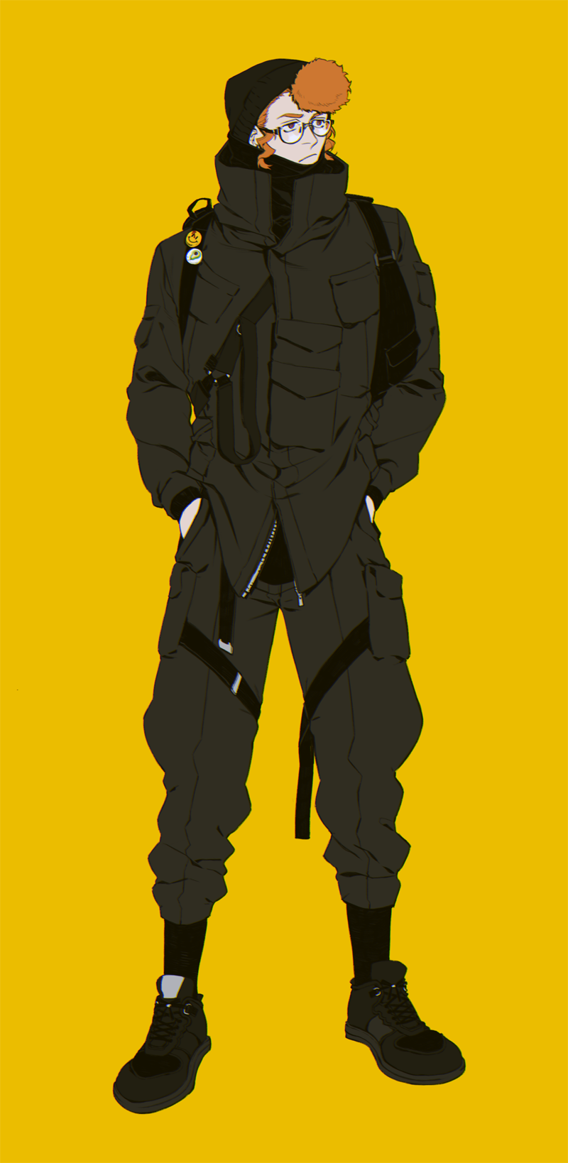 1boy badge black_bag black_coat black_footwear black_pants brown_hair button_badge classicaloid closed_mouth coat franz_schubert_(classicaloid) full_body glasses hands_in_pockets highres hood hood_up male_focus pants pocket sf_jd simple_background solo watchmen yellow_background