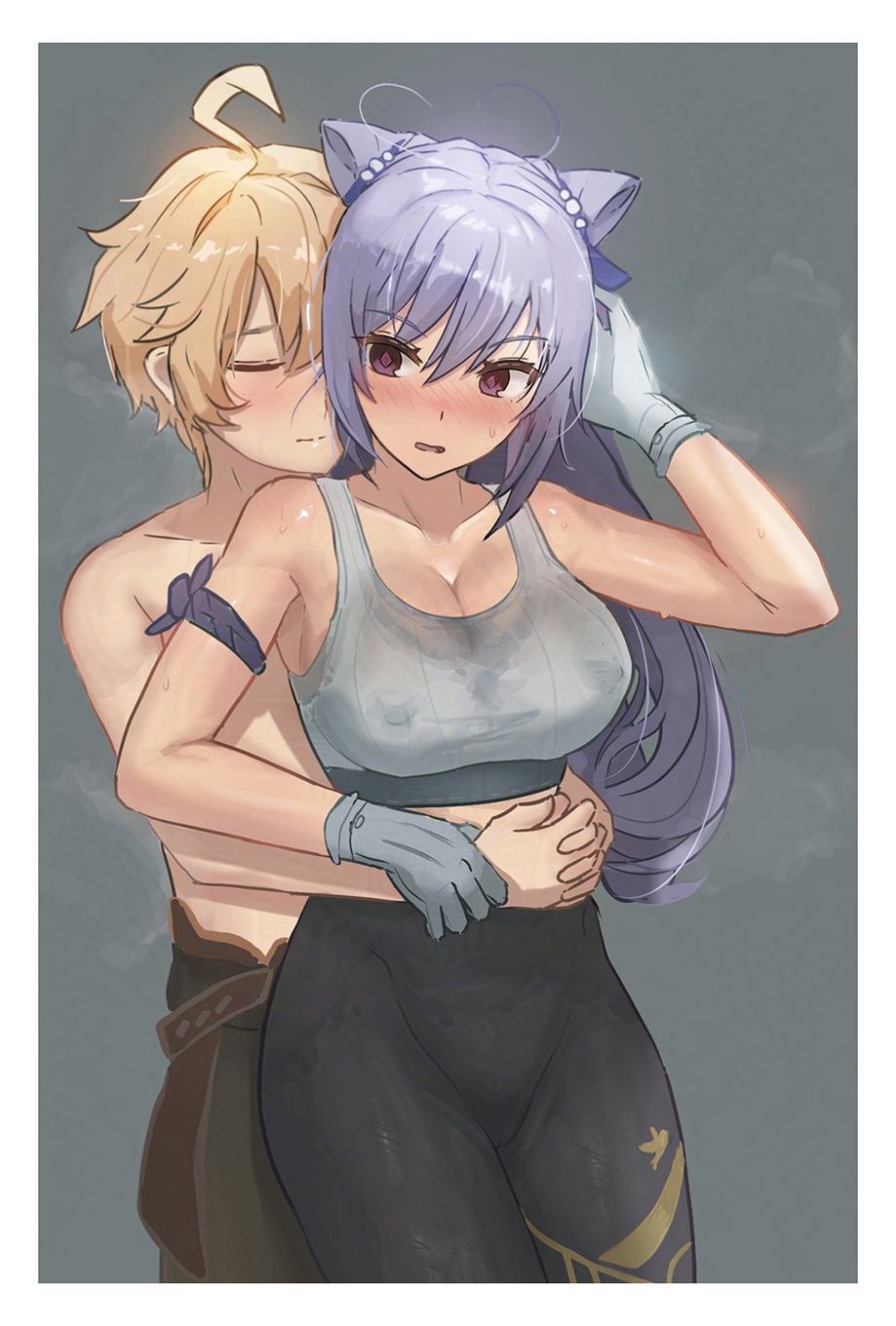 1boy 1girl aether_(genshin_impact) ahoge alternate_costume alternate_hair_length alternate_hairstyle armband bare_shoulders black_leggings blonde_hair border breasts brown_pants cleavage closed_eyes closed_mouth commentary cone_hair_bun couple covered_erect_nipples cowboy_shot double_bun genshin_impact gloves grey_background grey_gloves grey_sports_bra hair_between_eyes hair_bun hair_ribbon hand_on_another&#039;s_wrist hand_up hetero high-waist_pants highres hug hug_from_behind interlocked_fingers keqing_(genshin_impact) large_breasts leggings long_hair looking_at_viewer open_mouth own_hands_clasped own_hands_together pants purple_armband purple_eyes purple_hair ribbon short_hair simple_background sports_bra sweat sweaty_clothes topless_male valenthania white_border