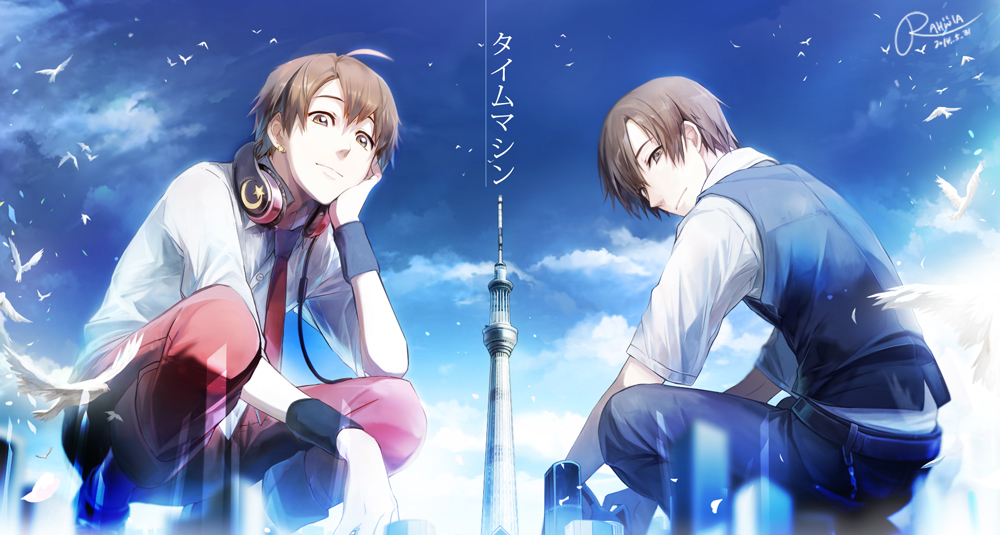 2boys ahoge amatsuki_(utaite) artist_name bird brown_eyes brown_hair dated dress_shirt head_rest headphones headphones_around_neck indie_utaite kashitarou_itou male_focus multiple_boys necktie pants rahwia shirt sky squatting time_machine_(vocaloid) vest vocaloid white_shirt wristband