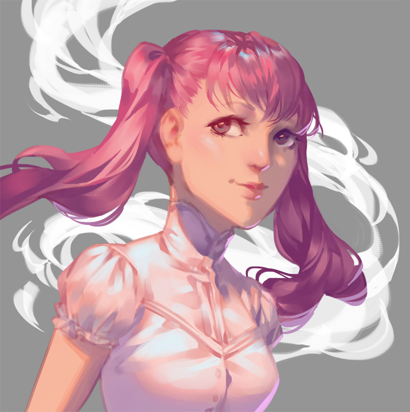 1girl breasts choppy_bangs closed_mouth commentary dress english_commentary grey_background grey_eyes lips looking_up lydialing_draws medium_hair nose original pink_hair puffy_short_sleeves puffy_sleeves realistic short_sleeves sketch small_breasts smile solo turtleneck turtleneck_dress twintails upper_body white_dress