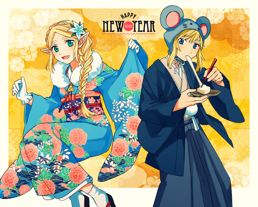 1boy 1girl 2020 alternate_costume animal_ears animal_hood black_footwear blonde_hair blue_eyes blue_flower blue_hakama blue_kimono blush border braid brown_kimono chopsticks crown_braid eating english_text fake_animal_ears flat_chest floral_print flower food fur-trimmed_kimono fur_trim gloves hair_flower hair_ornament hair_over_shoulder hakama hands_up haori haori_himo happy happy_new_year holding holding_chopsticks holding_food holding_plate hood hood_up invisible_chair japanese_clothes kimono legs_together light_blush link long_hair long_sleeves mochi mouse_ears mouse_hood new_year nintendo obi open_mouth orange_background outside_border parted_bangs plate pointy_ears pom_pom_(clothes) princess_zelda sandals sash seigaiha shijima_(4jima) short_hair sidelocks sitting smile socks standing tabi the_legend_of_zelda the_legend_of_zelda:_breath_of_the_wild triforce white_border white_gloves white_legwear wide_sleeves
