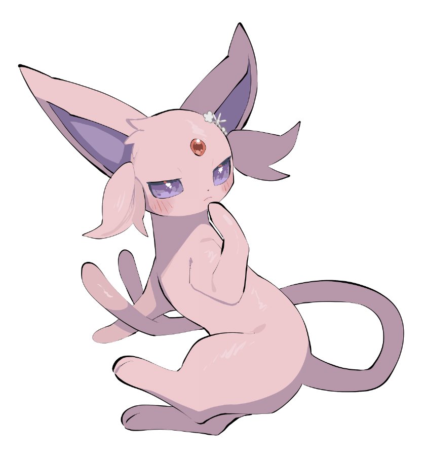 blush closed_mouth espeon forehead_jewel gen_2_pokemon nintendo pokemon pokemon_(creature) purple_eyes purple_hair sidelocks simple_background white_background yumeminoideyu2