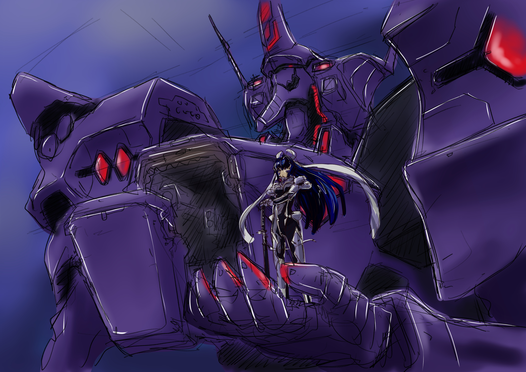 1girl blue_hair breasts fortified_suit hand_on_hilt highres large_breasts long_hair mecha mecha_pilot_suit mitsurugi_meiya muv-luv muv-luv_alternative pilot_suit ponytail red_eyes robot science_fiction sketch skin_tight tactical_surface_fighter taiga_hiroyuki type_00_takemikazuchi