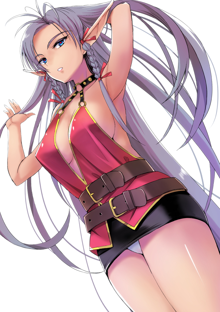 1girl bare_shoulders belt braid breasts brown_belt character_request cleavage collar commentary_request copyright_request dragon_knight_4 elf female_focus from_below large_breasts long_hair looking_at_viewer marlene o-ring o-ring_collar o-ring_top panties pointy_ears purple_hair red_ribbon ribbon shiroyukimajima simple_background sleeveless solo twin_braids underwear white_background white_panties