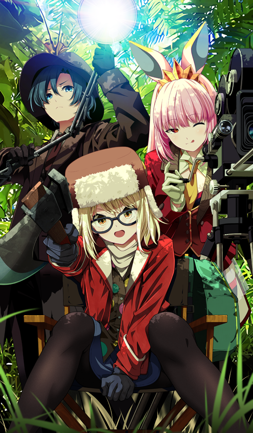 3girls animal_ears aqua_hair arm_support assassin_(learning_with_manga!_fgo) axe black-framed_eyewear black_gloves black_jacket black_leotard black_pants black_pantyhose black_thighhighs blonde_hair blue_eyes blue_skirt breasts brown_coat brown_hat brown_vest buttons cleavage_cutout closed_mouth clothing_cutout coat colored_lapels commentary director&#039;s_chair fate/grand_order fate_(series) fedora frown fur-trimmed_headwear fur_trim glasses gloves grass hair_between_eyes hat holding holding_axe jacket jungle lapels leotard light_rays long_sleeves looking_at_viewer movie_camera multiple_girls nature necktie notched_lapels object_request official_art one_eye_closed open_clothes open_coat open_mouth orange_eyes outdoors overskirt palm_tree pants pantyhose paul_bunyan_(fate) pink_hair rabbit_ears rabbit_girl red_eyes red_jacket red_vest rider_(learning_with_manga!_fgo) semi-circular_eyewear shirt sidelocks sitting skirt smile standing suit_jacket super_bunyan_(fate) super_bunyan_(first_ascension)_(fate) thighhighs third-party_source tiara tongue tongue_out tree tripod tsukumo_(soar99) ushanka vest white_gloves white_shirt wing_collar wingtip_collar yellow_necktie