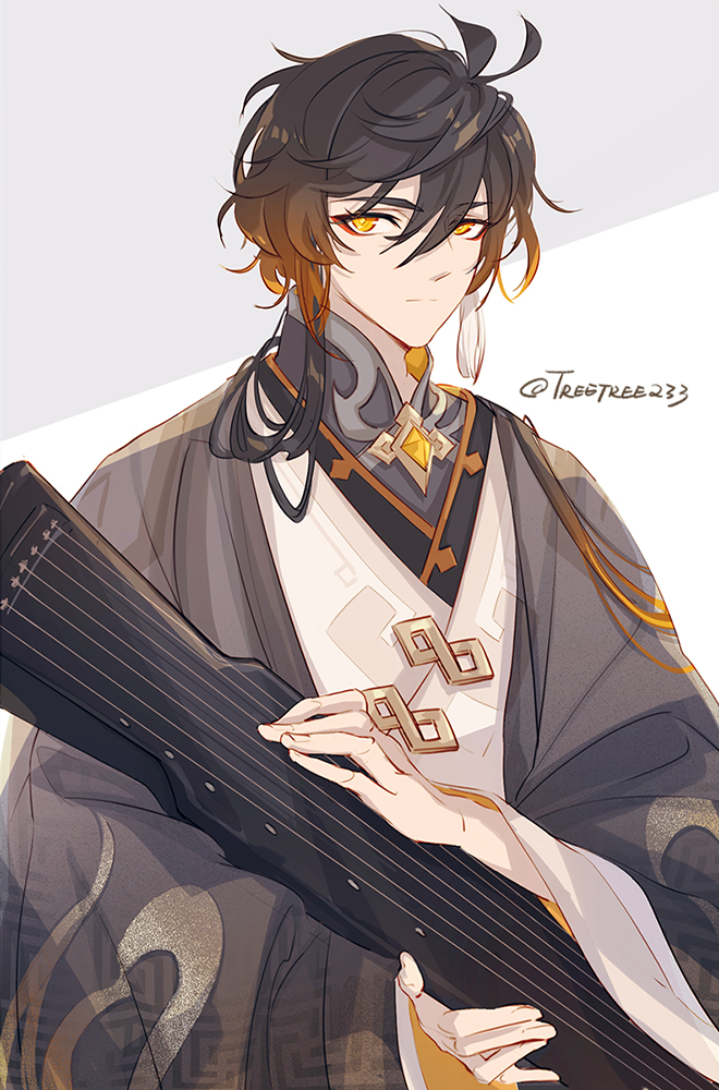 1boy alternate_costume antenna_hair character_portrait chinese_clothes earrings eyeliner genshin_impact guzheng hanfu jewelry makeup portrait red_eyeliner single_earring tassel tassel_earrings treetree233 yellow_eyes zhongli_(genshin_impact)