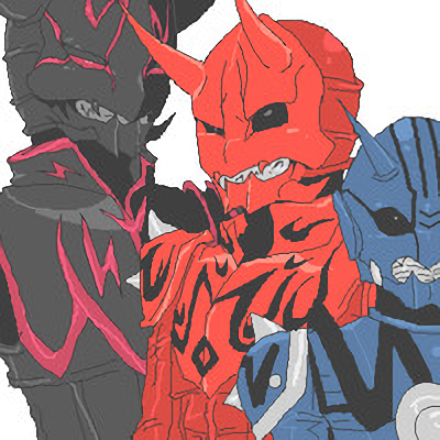 3boys armor bad_id bad_pixiv_id black_armor black_eyes blue_armor bright_pupils facing_viewer jinta kamen_rider kamen_rider_den-o_(series) male_focus momotaros monster monster_boy multiple_boys negataros oni red_armor red_eyes sharp_teeth teddy_(kamen_rider_den-o) teeth white_pupils
