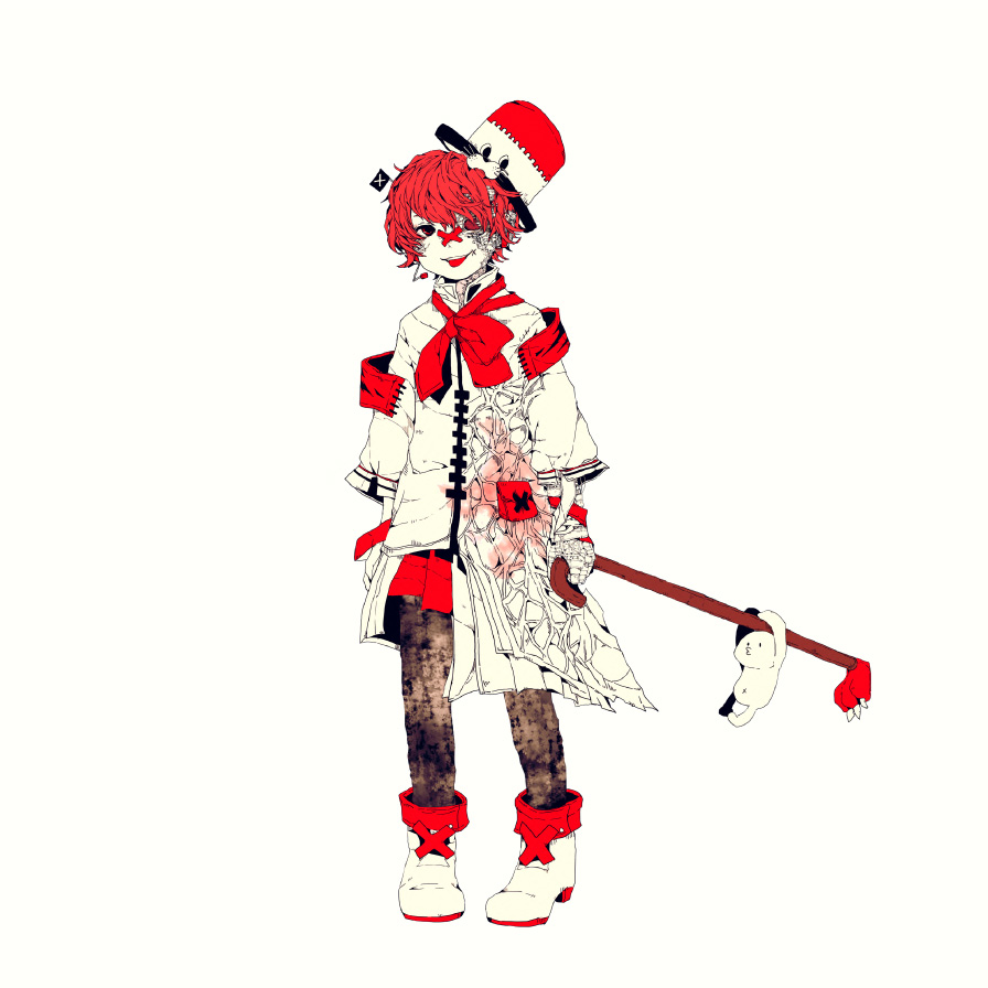 1boy 3kuma armband ascot asymmetrical_clothes bandaged_arm bandages bandaid bandaid_on_face bandaid_on_nose bear_claws bear_hat black_pants boots cane coat colored_skin creature cross_scar flag fukase full_body hat holding holding_cane light_smile looking_at_viewer male_focus miniskirt o3o official_art pants pleated_skirt point_(vocaloid) red_ascot red_eyes red_hair red_skirt scar scar_on_arm scar_on_face scar_on_mouth skirt swinging tongue tongue_out vocaloid white_background white_coat white_footwear white_skin