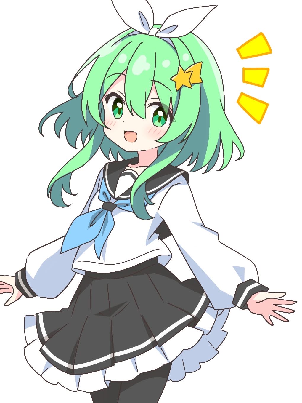 1girl :d black_pantyhose black_sailor_collar black_skirt blue_neckerchief blush bow_hairband collarbone commentary_request cowboy_shot dot_nose frilled_skirt frills green_eyes green_hair hair_between_eyes hair_ornament hairband highres kotatsu-mazoku long_sleeves looking_at_viewer neckerchief notice_lines open_mouth original pantyhose pleated_skirt sailor_collar school_uniform serafuku shirt shooting_star_hair_ornament short_hair_with_long_locks simple_background skirt smile solo star_(symbol) star_hair_ornament white_background white_hairband white_shirt