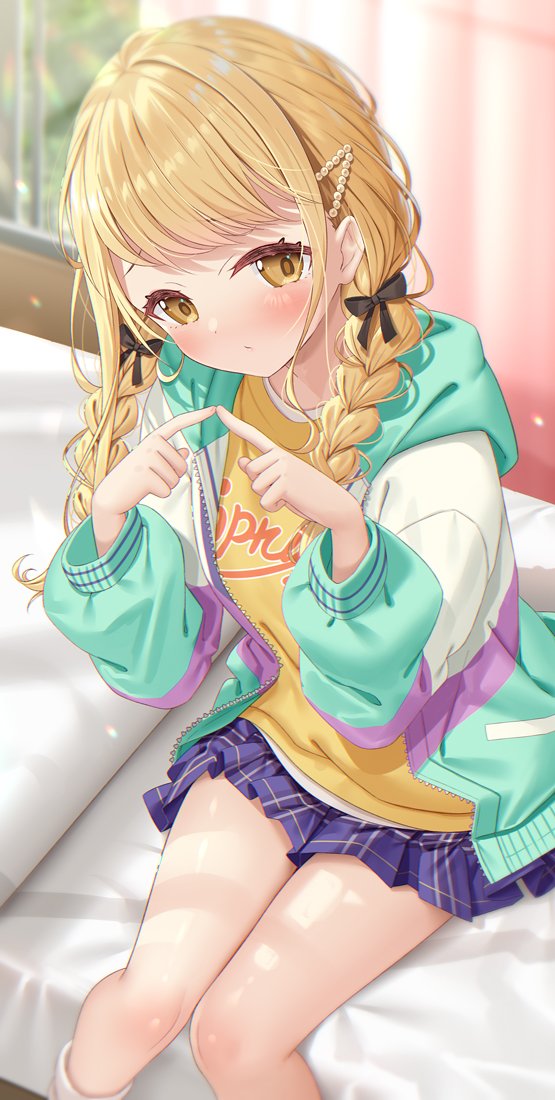 1girl black_bow blonde_hair bow braid clothes_writing curtains fujita_kotone gakuen_idolmaster green_hoodie hair_bow hair_ornament hood hood_down hoodie idolmaster index_fingers_together miniskirt multicolored_hoodie plaid_clothes plaid_skirt pleated_skirt purple_hoodie purple_skirt shirt sitting skirt socks solo twin_braids white_hoodie window yano_mitsuki_(nanairo) yellow_eyes yellow_shirt zipper