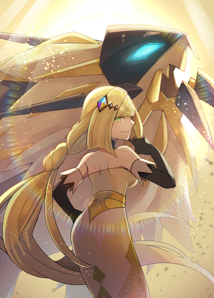1girl black_gloves blonde_hair blunt_bangs closed_mouth commentary_request dress elbow_gloves gen_7_pokemon gloves green_eyes hair_ornament hand_on_own_hip hand_up highres legendary_pokemon long_hair looking_at_viewer looking_back lusamine_(pokemon) lusamine_(sygna_suit)_(pokemon) necrozma necrozma_(dusk_mane) nintendo official_alternate_costume pokemon pokemon_(creature) pokemon_masters_ex shoulder_blades smile yellow_dress zeroki_(izuno)
