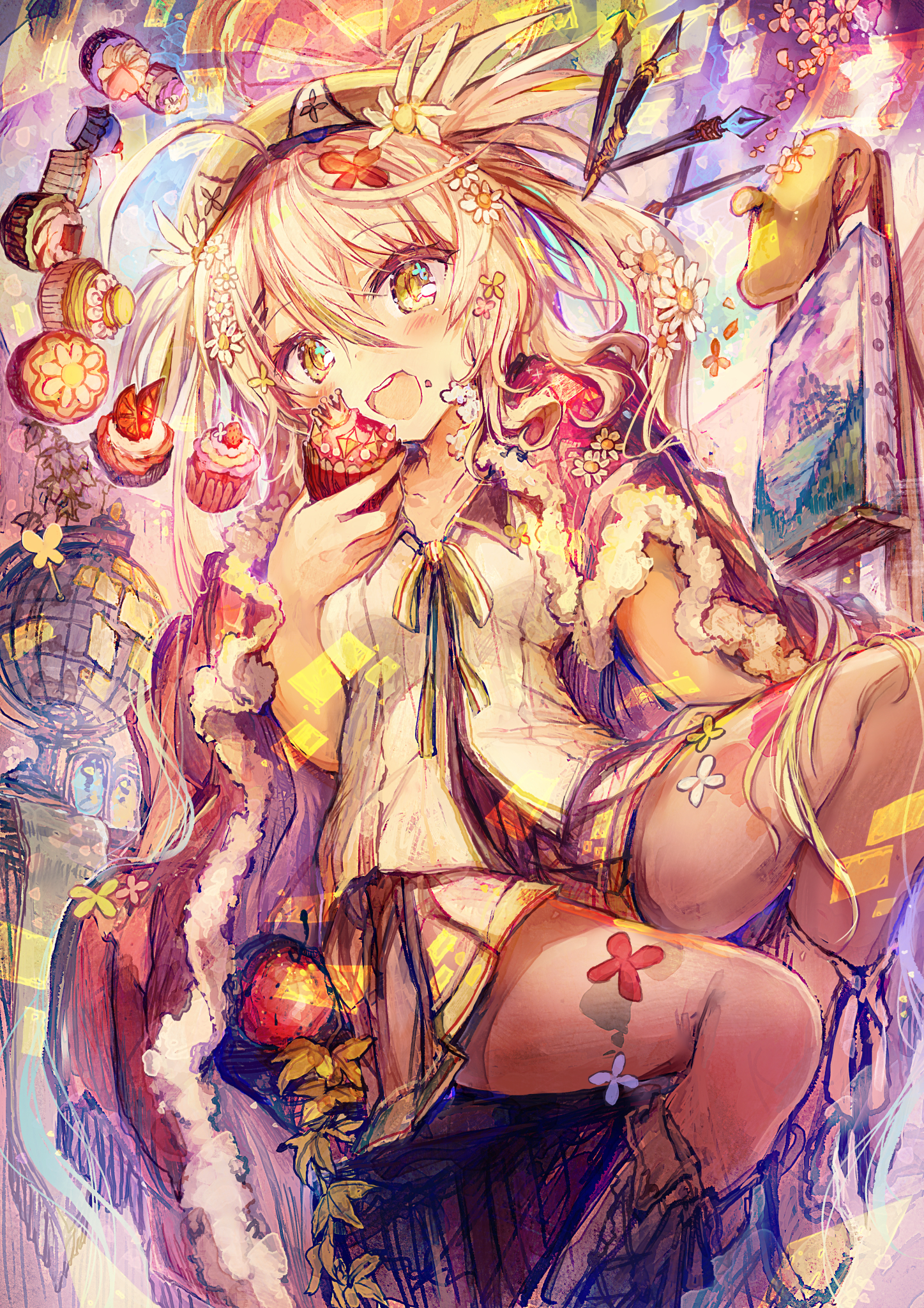 1girl :d ahoge apple beret blonde_hair boots camomi camomi_camomi canvas_(object) cape check_commentary cherry chocolate collarbone collared_shirt commentary_request crown cupcake female_focus floral_print flower food fruit globe hair_flower hair_ornament hat highres indie_virtual_youtuber leaf long_hair nanashi_inc. open_mouth painting_(object) pen self-portrait shirt sitting skirt smile solo teeth twintails v_ap_art virtual_youtuber yellow_eyes yellow_skirt