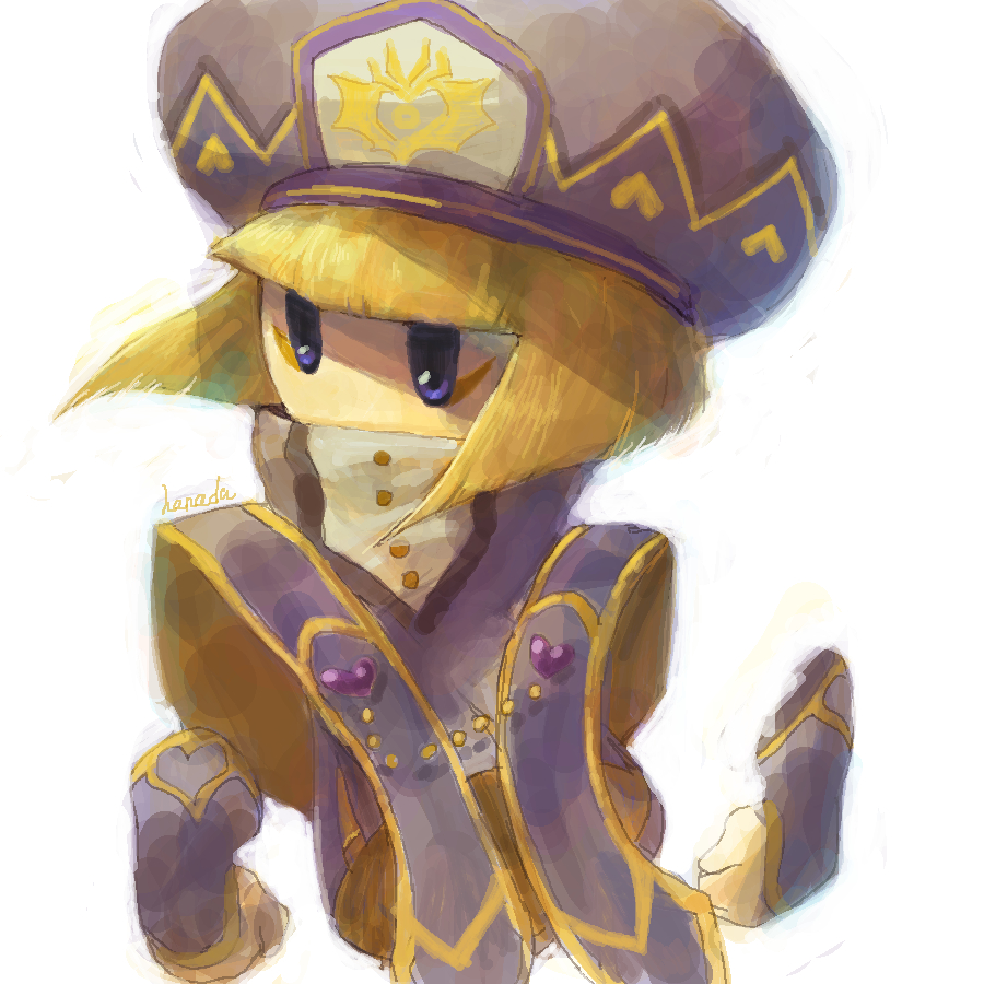 1girl 2018 blonde_hair blue_eyes blunt_bangs gauntlets hanada_(cobalt003) hat kirby_star_allies kirby_(series) military military_hat military_uniform nintendo solo white_background zan_partizanne
