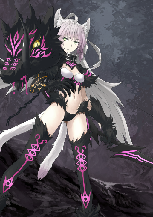 1girl ahoge animal_ears arm_at_side asymmetrical_sleeves atalanta_(fate) atalanta_alter_(fate) atalanta_alter_(second_ascension)_(fate) belt_buckle belt_collar black_collar black_gloves black_panties black_thighhighs boar bow_(weapon) braid breasts buckle cat_ears cat_girl cat_tail chain cleavage_cutout closed_mouth clothing_cutout collar colored_bangs fate/grand_order fate_(series) feet_out_of_frame frown fur-trimmed_panties fur_gloves fur_thighhighs fur_trim gloves gluteal_fold green_eyes grey_background hand_up holding holding_bow_(weapon) holding_weapon huge_ahoge konoe_ototsugu legs_apart long_hair long_sleeves looking_at_viewer medium_breasts multiple_tails navel official_art panties pink_hair short_sleeves sidelocks slit_pupils solo standing stomach tail thighhighs third-party_source two_tails underwear v-shaped_eyebrows variant_set very_long_hair weapon white_hair