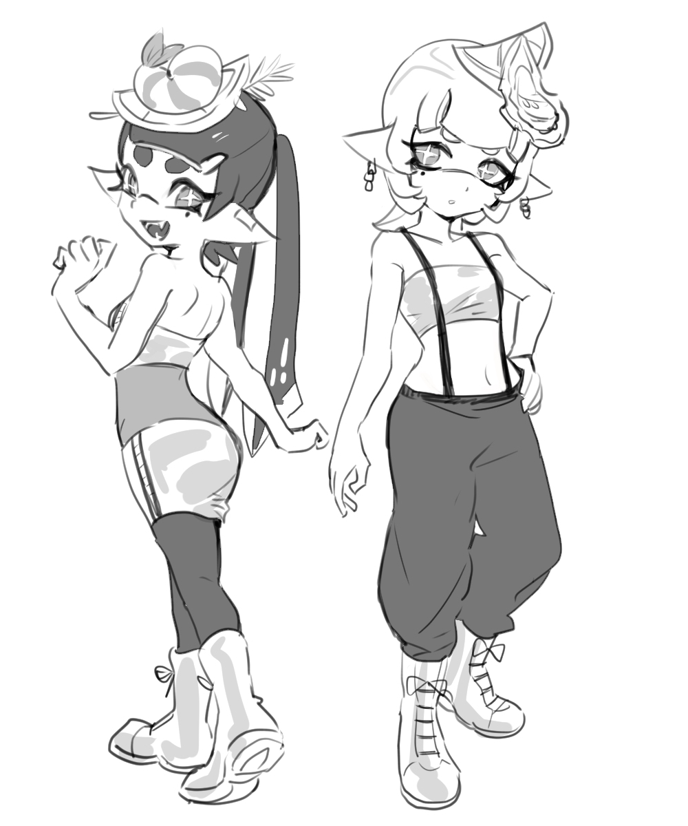 +_+ 2girls callie_(splatoon) callie_(summer_nights)_(splatoon) dede_(qwea_00000) food food_on_head greyscale highres inkling lemon_hat_ornament looking_at_viewer marie_(splatoon) marie_(summer_nights)_(splatoon) monochrome multiple_girls nintendo object_on_head official_alternate_costume official_alternate_hairstyle oyster splatoon_(series) splatoon_3 tentacle_hair