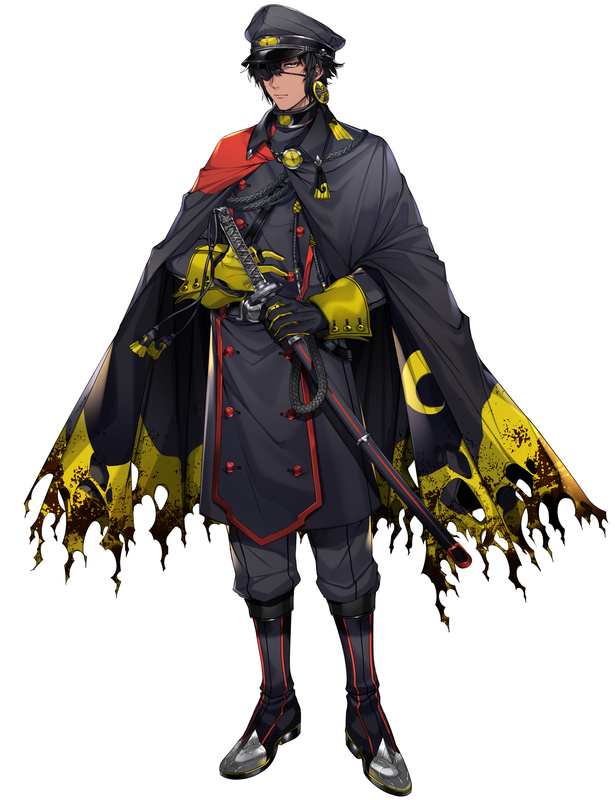 1boy aegislash alternate_color black_gloves black_hair boots cape closed_mouth dark-skinned_male dark_skin earrings eyepatch full_body gen_6_pokemon gloves grey_hat hat jewelry katagiri_hachigou katana legs_apart long_sleeves male_focus military_hat military_uniform nintendo peaked_cap personification pokemon sheath shiny_pokemon short_hair simple_background sleeve_cuffs solo standing steel-toe_boots sword torn_cape torn_clothes two-tone_gloves weapon white_background yellow_eyes yellow_gloves