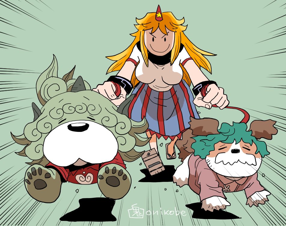 &gt;:) 1girl animalization armlet artist_name blonde_hair blue_skirt bracelet breasts brown_fur closed_eyes dog dress emphasis_lines geta green_background green_fur green_hair hanging_breasts holding holding_leash horns hoshiguma_yuugi jewelry kasodani_kyouko kasodani_kyouko_(yamabiko) komano_aunn komano_aunn_(komainu) large_breasts leaning_forward leash long_hair long_skirt one-hour_drawing_challenge oni_horns onikobe_rin orange_hair pawpads pink_dress red_horns red_shirt red_trim running running_towards_viewer sandals shadow shirt short_hair simple_background single_horn skirt smile solid_oval_eyes star_(symbol) striped_clothes striped_skirt t-shirt touhou v-shaped_eyebrows watermark white_fur white_shirt