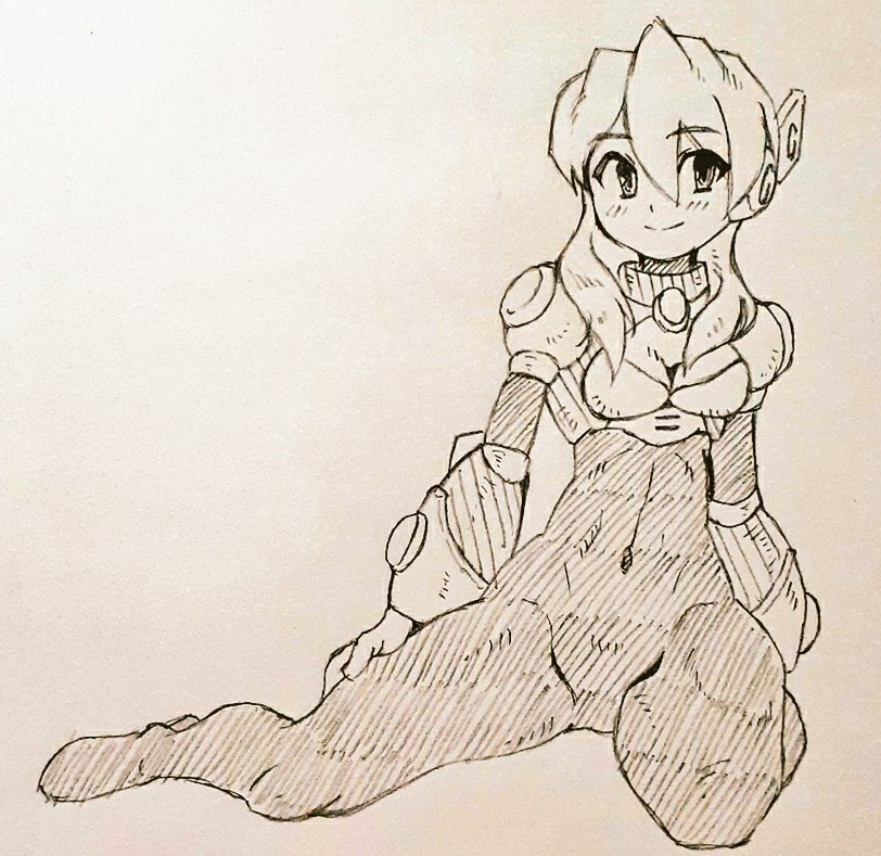 1girl alia_(mega_man) android anonymous_artist blush bodysuit breasts joints looking_at_viewer medium_hair mega_man_(series) monochrome navel simple_background sitting sketch skin_tight smile solo tagme thigh_gap thighs