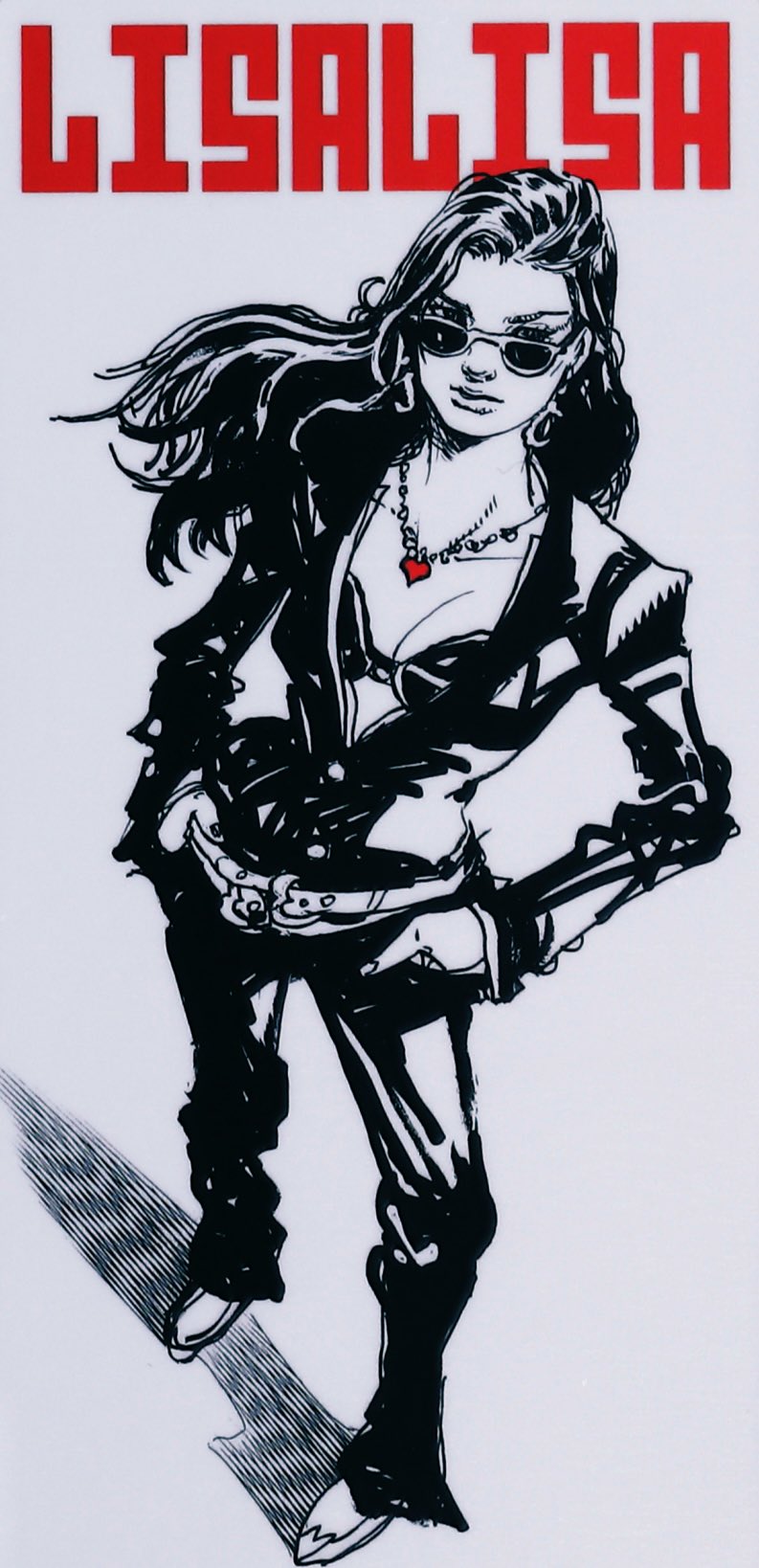 1girl alternate_costume araki_hirohiko battle_tendency breasts cleavage earrings hands_in_pockets highres jewelry jojo_no_kimyou_na_bouken lisa_lisa long_hair looking_at_viewer official_art red_stone_of_aja solo sunglasses tanaka_atsuko voice_actor_connection