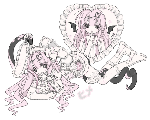 1girl animal_ears black_eyes boots breasts dress long_hair lowres lying medium_breasts multiple_views on_stomach original pink_hair patterned_hair rabbit_ears sidelocks simple_background snake stuffed_animal stuffed_toy teddy_bear u_emper very_long_hair white_background white_dress white_footwear