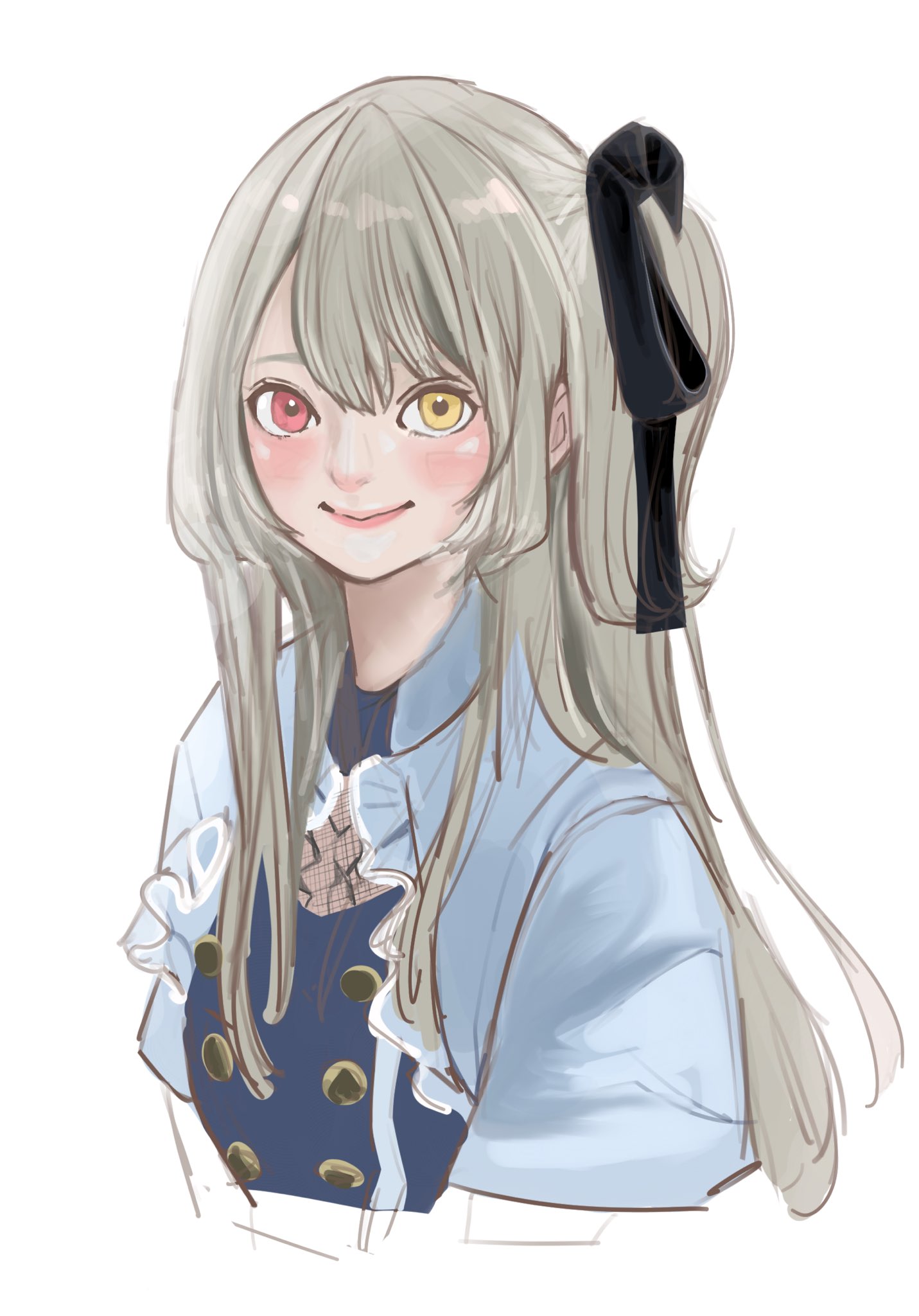 1girl arms_at_sides assault_lily black_ribbon blue_shirt blush brown_hair buttons closed_mouth commentary_request cropped_arms cropped_torso frilled_shirt frills grey_shirt hair_between_eyes hair_ribbon heterochromia highres kuo_shenlin long_hair long_sleeves looking_at_viewer official_alternate_costume one_side_up red_eyes ribbon sally_(allogkk) shirt short_sleeves simple_background sketch smile solo two-tone_shirt white_background yellow_eyes