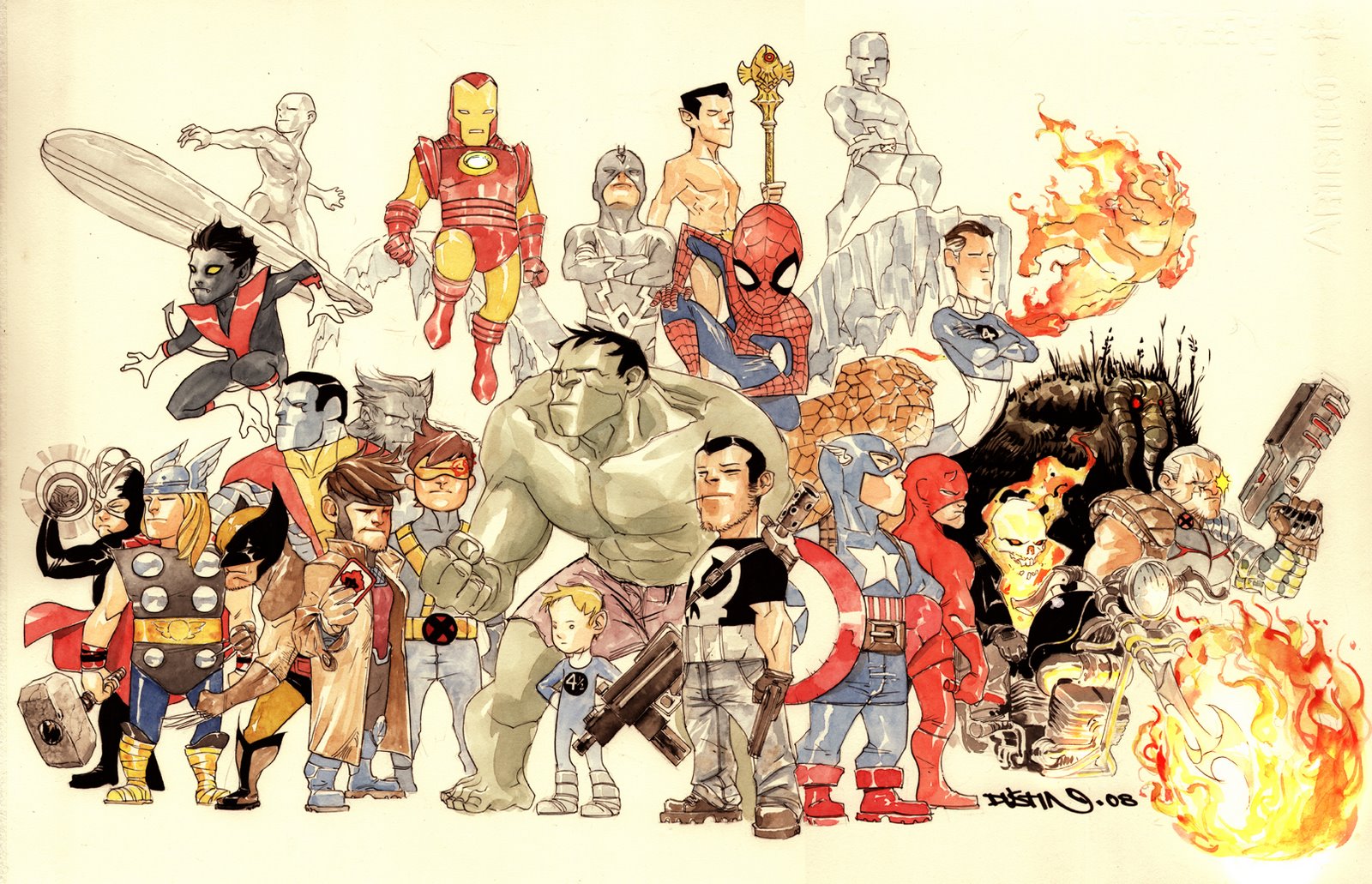 10s avengers_(series) beast_(x-men) black_bolt cable cape captain_america colossus cyclops daredevil everyone fire franklin_richards gambit ghost_rider havok highres holding holding_weapon hulk human_torch iceman_(x-men) iron_man man-thing marvel muscular namor nightcrawler one-eyed reed_richards silver_surfer spider-man spider-man_(series) spiderman_(series) tail the_punisher_(series) thor_(marvel) weapon wolverine_(x-men) x-men