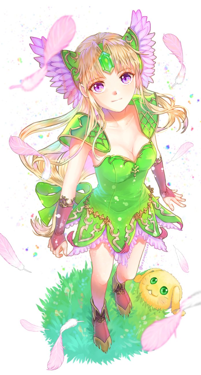 1girl animal armor blonde_hair breasts cleavage feathers fingerless_gloves forehead_jewel frilled_skirt frills gem gloves gold_trim grass green_eyes hair_intakes hair_ornament headband highres looking_at_viewer medium_breasts purple_eyes rabite_(seiken_densetsu) riesz seiken_densetsu seiken_densetsu_3 shoes shoulder_armor sidelocks skirt wing_hair_ornament xxxyu-noxxx
