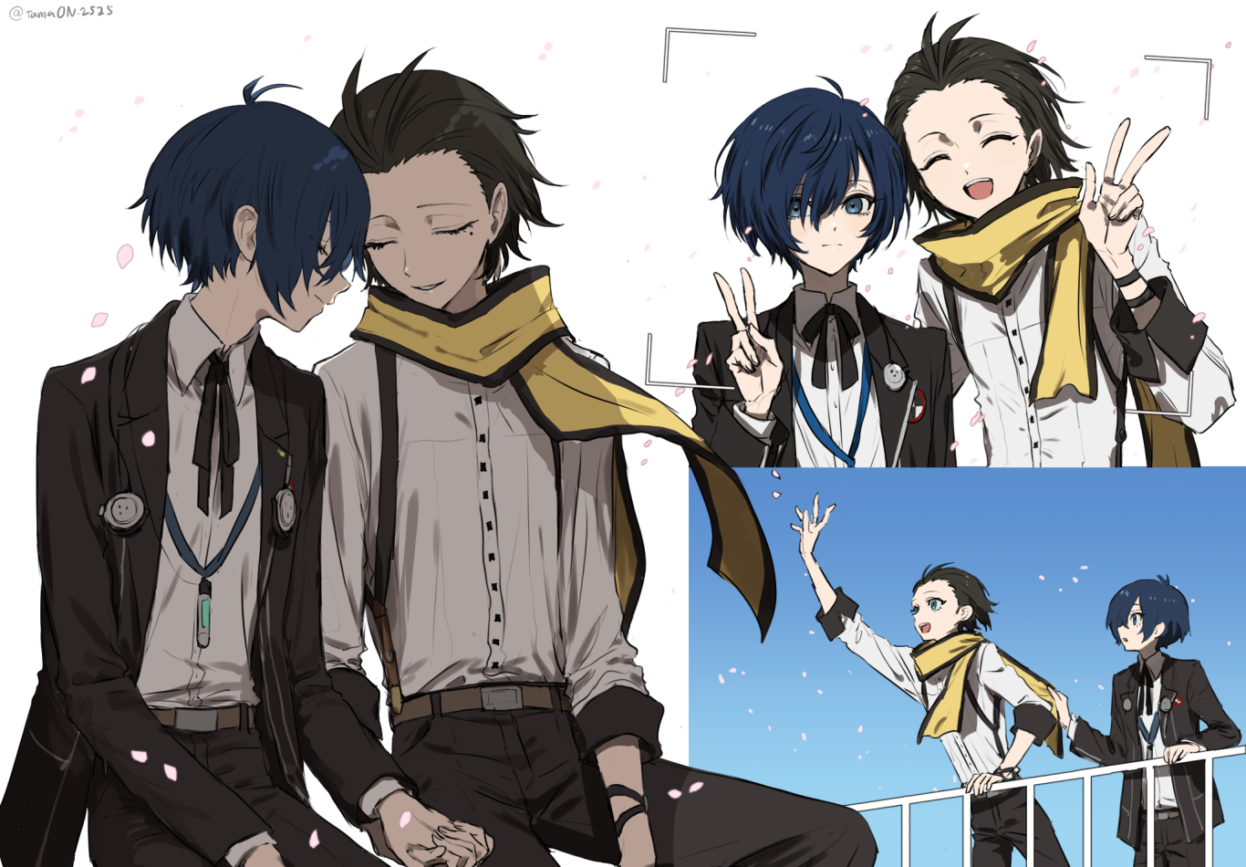 2boys black_hair black_jacket black_pants black_ribbon blue_eyes blue_hair closed_eyes closed_mouth collared_shirt commentary_request digital_media_player gekkoukan_high_school_uniform holding_hands jacket long_sleeves male_focus mochizuki_ryouji mole mole_under_eye multiple_boys multiple_views neck_ribbon open_clothes open_jacket open_mouth pants parted_lips persona persona_3 petals ribbon scarf school_uniform shirt suspenders tamaon_2525 twitter_username v w white_shirt yaoi yellow_scarf yuuki_makoto_(persona_3)
