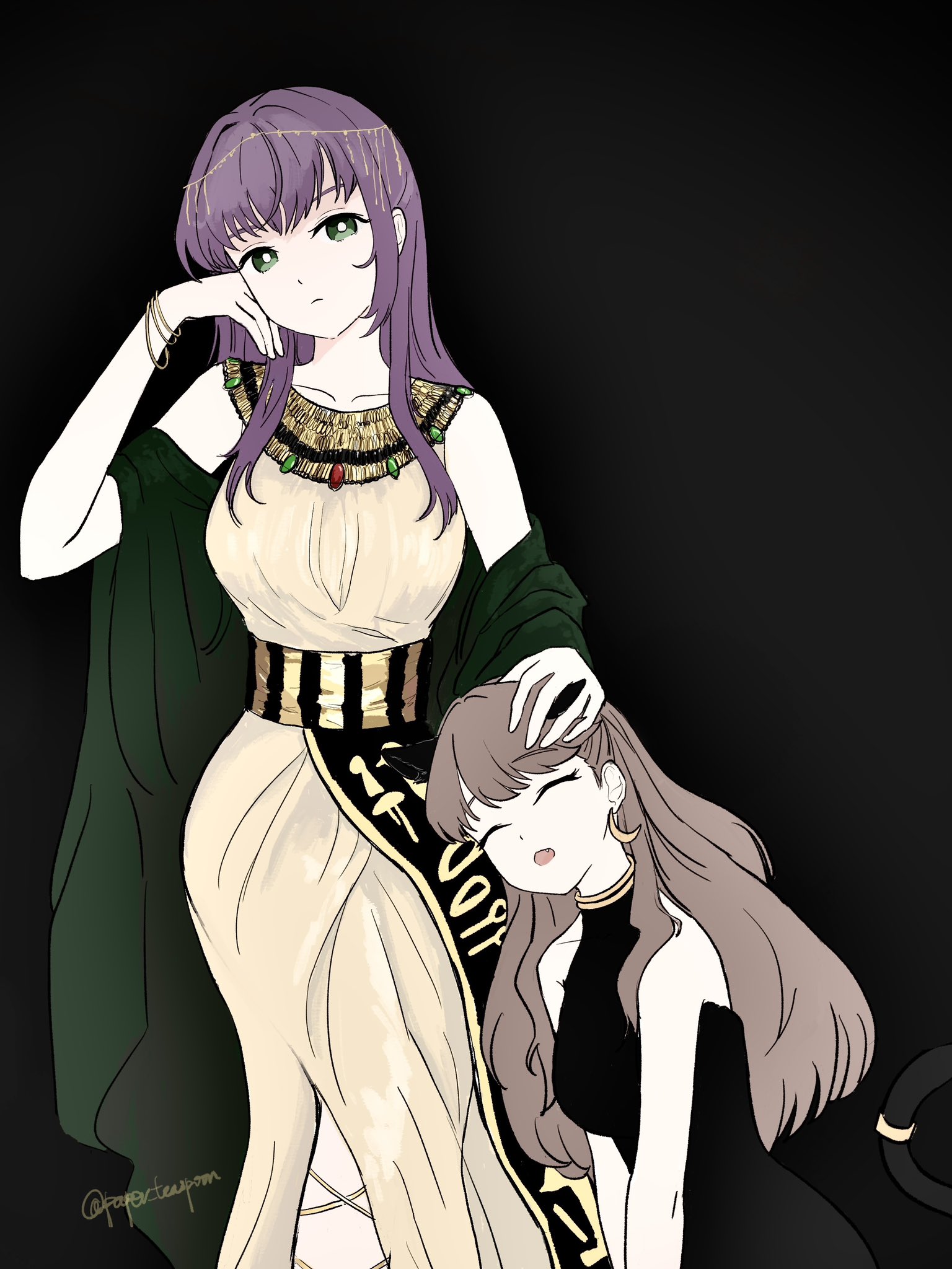 217find! 2girls :o ^_^ alternate_costume ancient_egyptian_clothes animal_ears black_background black_dress breasts brown_hair cat_ears cat_girl cat_tail closed_eyes closed_mouth collarbone commentary_request dress fang feet_out_of_frame frown fujishima_megumi green_eyes green_shawl hanamiya_nina hand_on_another's_head highres invisible_chair kemonomimi_mode link!_like!_love_live! long_hair love_live! medium_breasts multiple_girls open_mouth otomune_kozue paper_teaspoon purple_hair shawl sidelocks simple_background sitting sleeveless sleeveless_dress tail twitter_username two_side_up virtual_youtuber voice_actor_connection yellow_dress