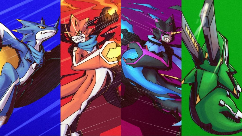 betelgammamon digimon digimon_ghost_game dinosaur dinosaur_boy gulusgammamon horns kausgammamon motion_lines scarf sharp_teeth speed_lines teeth wezengammamon wings yellow_eyes
