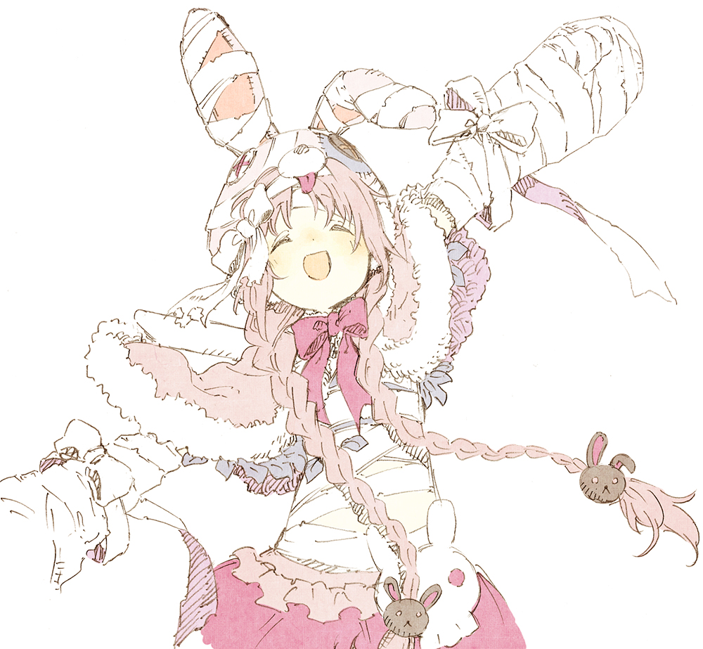 1girl abara_heiki animal_hat animal_hood arm_up bag bandaged_arm bandaged_chest bandaged_head bandages blue_shirt bow braid capelet closed_eyes frilled_skirt frills fur-trimmed_capelet fur_trim grin hair_ornament halloween halloween_costume hat holding holding_bag hood hooded_capelet long_hair low_twin_braids low_twintails midriff mimi_(halloween)_(princess_connect!) mimi_(princess_connect!) miniskirt official_alternate_costume open_mouth pink_capelet pink_hair pink_thighhighs pleated_skirt princess_connect! rabbit_hair_ornament rabbit_hat rabbit_hood red_background red_bow red_skirt shirt short_sleeves simple_background skirt smile solo striped_clothes thighhighs twin_braids twintails upper_body very_long_hair white_background white_mouth